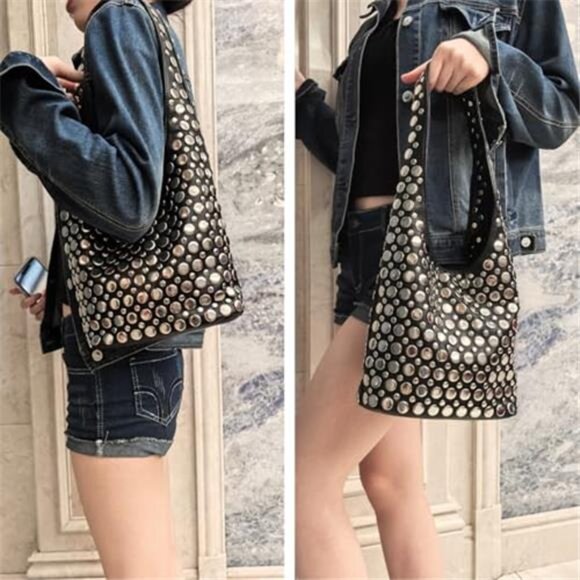 Y2K Hobo Shoulder Bag Punk Studded Top Handle Bag for Women Tote Handbag Black - Picture 7 of 7